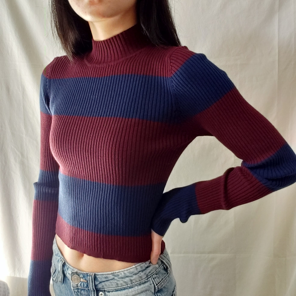 Forever 21 Stripe Mock Turtleneck Cropped Sweater